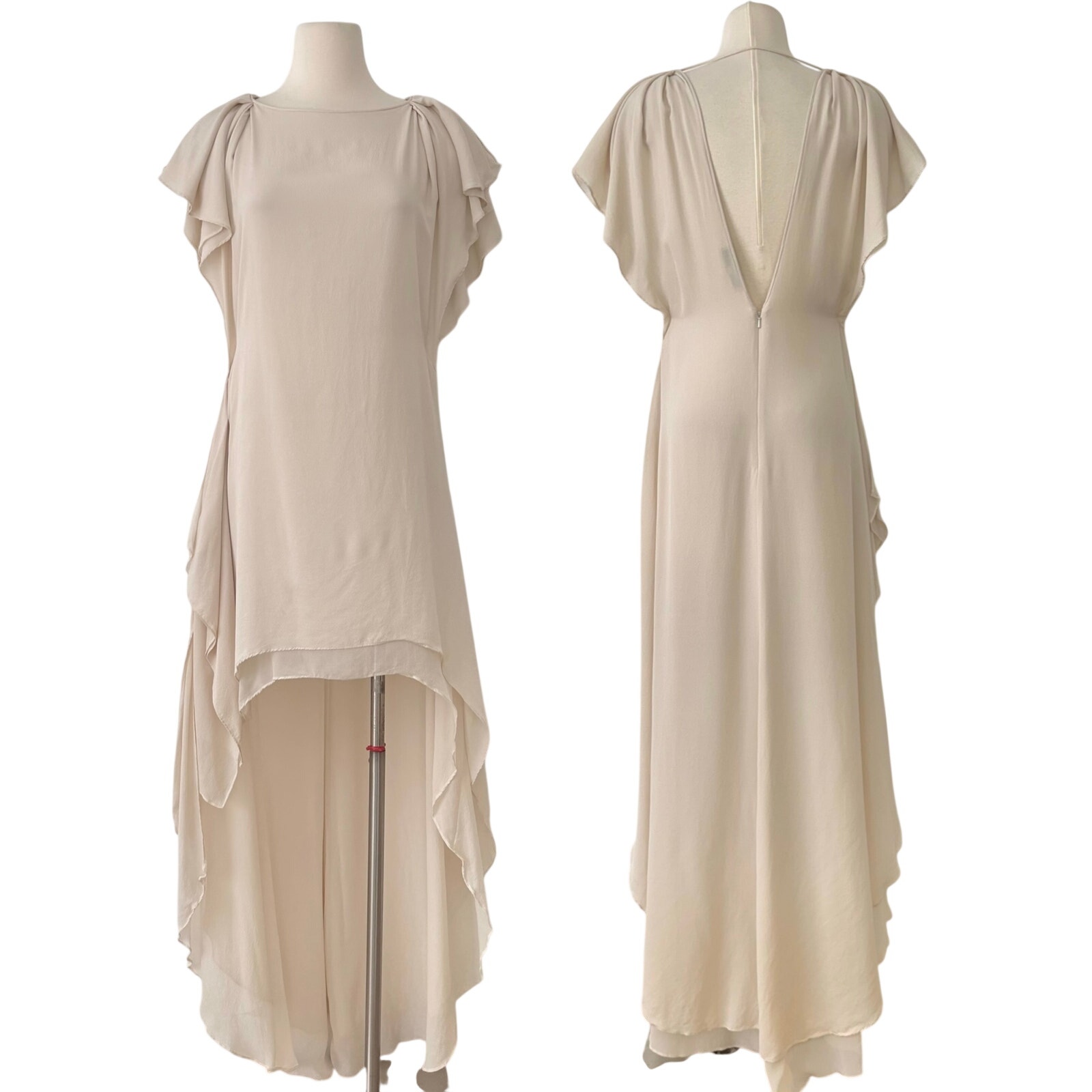 Bcbgmaxazria Runway Silk Yuliana Flutter Sleeve High-Low Dress Cream M